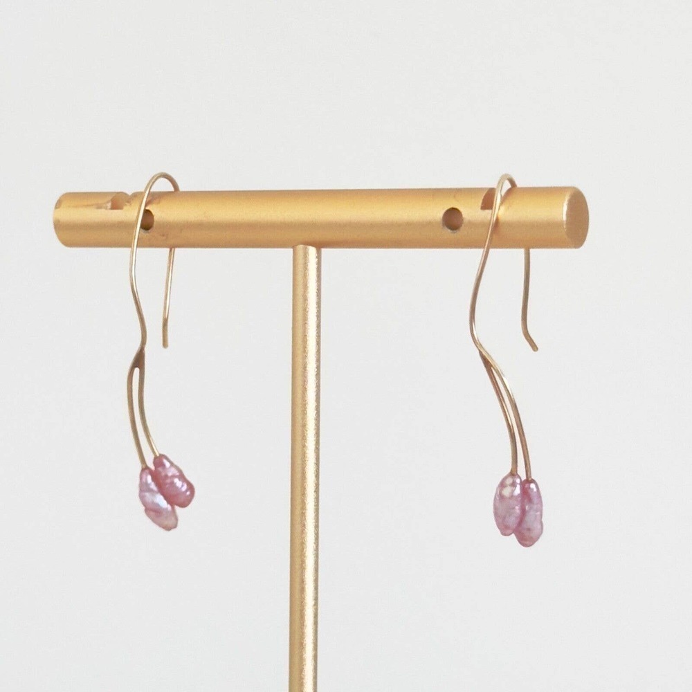 14K Yellow Gold Pink Dyed Freshwater Pearl Slim Drop Earrings